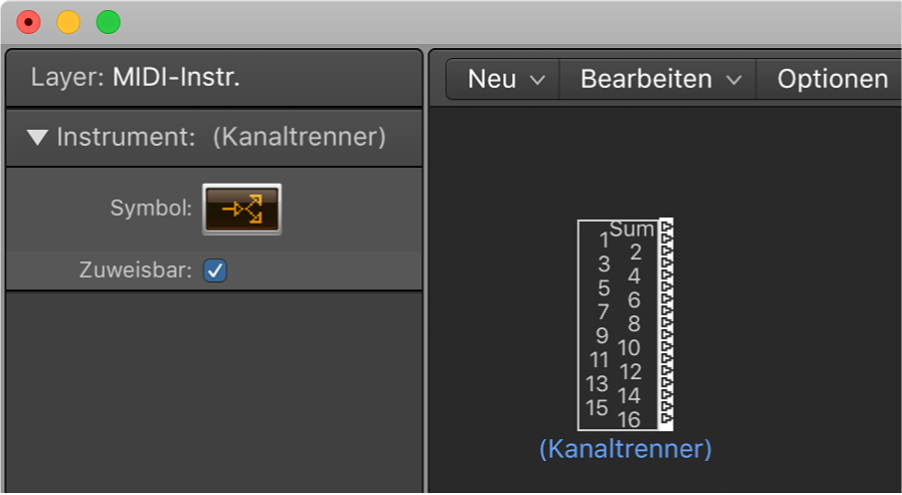 Abbildung. Environment-Fenster mit Anzeige eines Kanaltrenner-Objekts und des zugehörigen Informationsfensters
