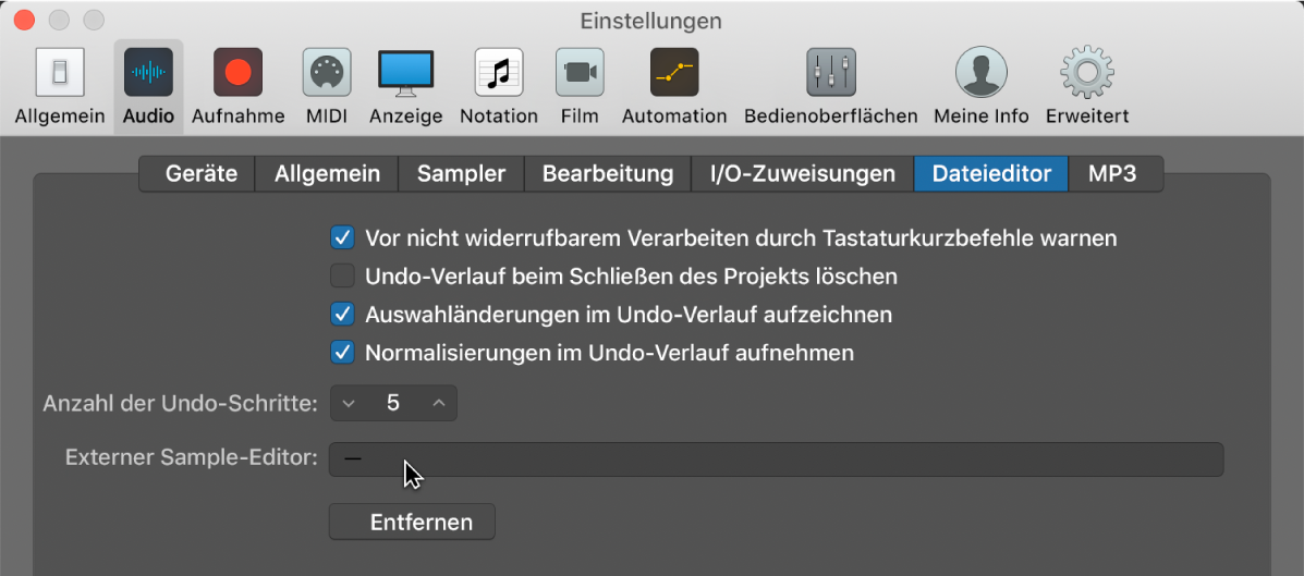 Abbildung. Bereich „Audiodateieditor“ in den Audioeinstellungen