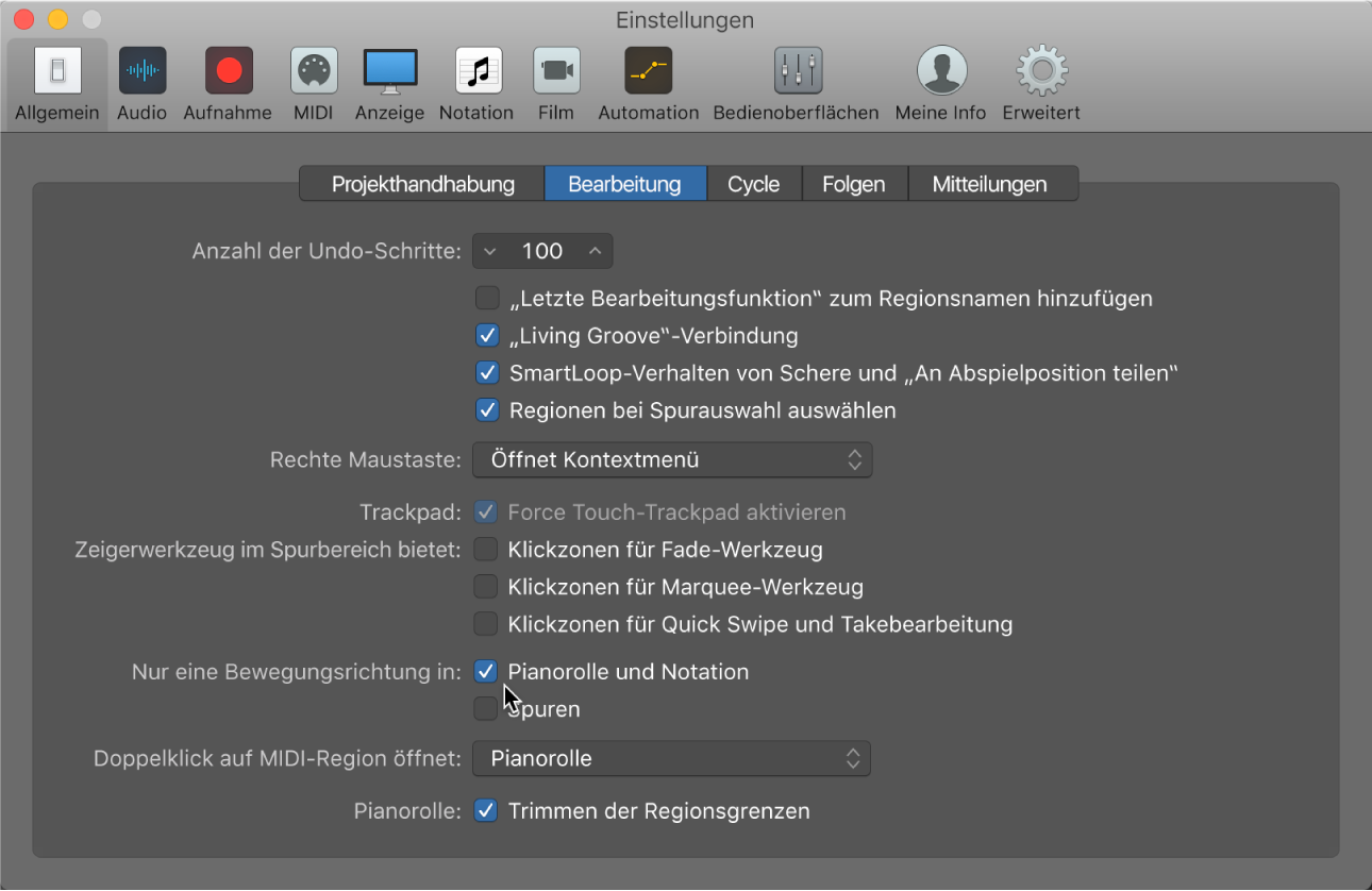 Abbildung. Bereich „Bearbeitung“ (im Bereich „Allgemein“) der Einstellungen mit Optionen zum Einschränken der Bewegung von Noten
