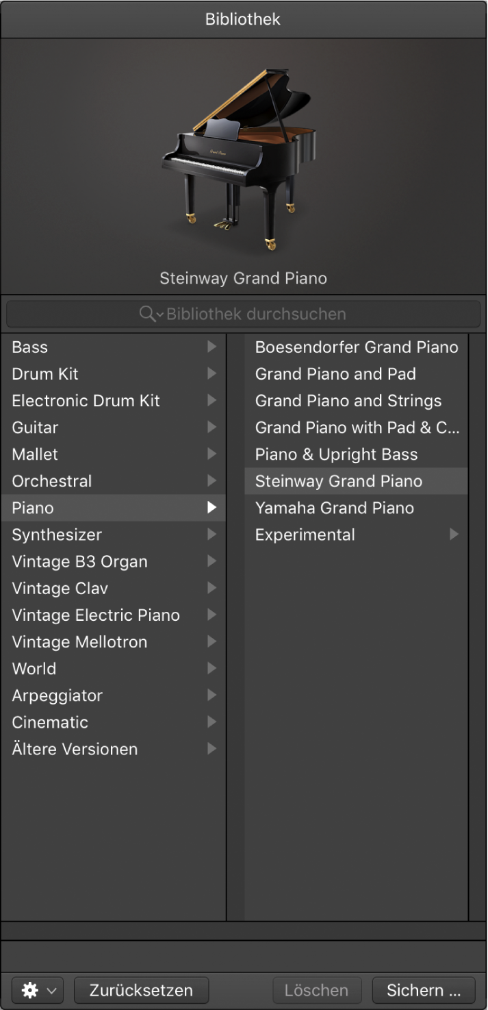 Abbildung. Die Bibliothek, ausgewählt sind die Kategorie „Piano“ und der Patch „Grand Piano“