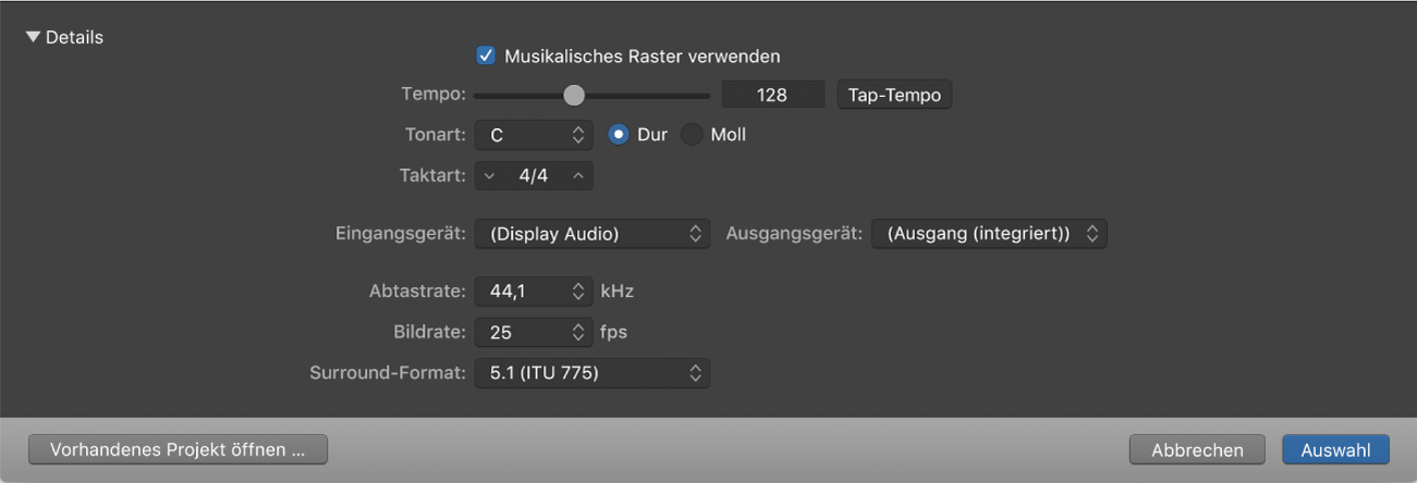 Abbildung. Details in der unteren Hälfte der Projektauswahl zur Festlegung der Projekteigenschaften