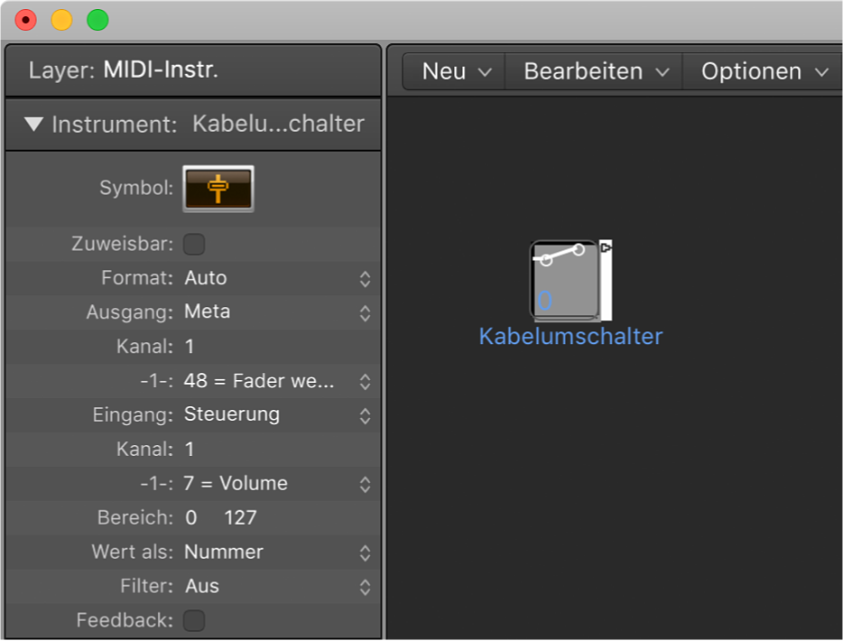 Abbildung. Environment-Fenster mit Anzeige eines Kabelumschalter-Objekts und des zugehörigen Informationsfensters