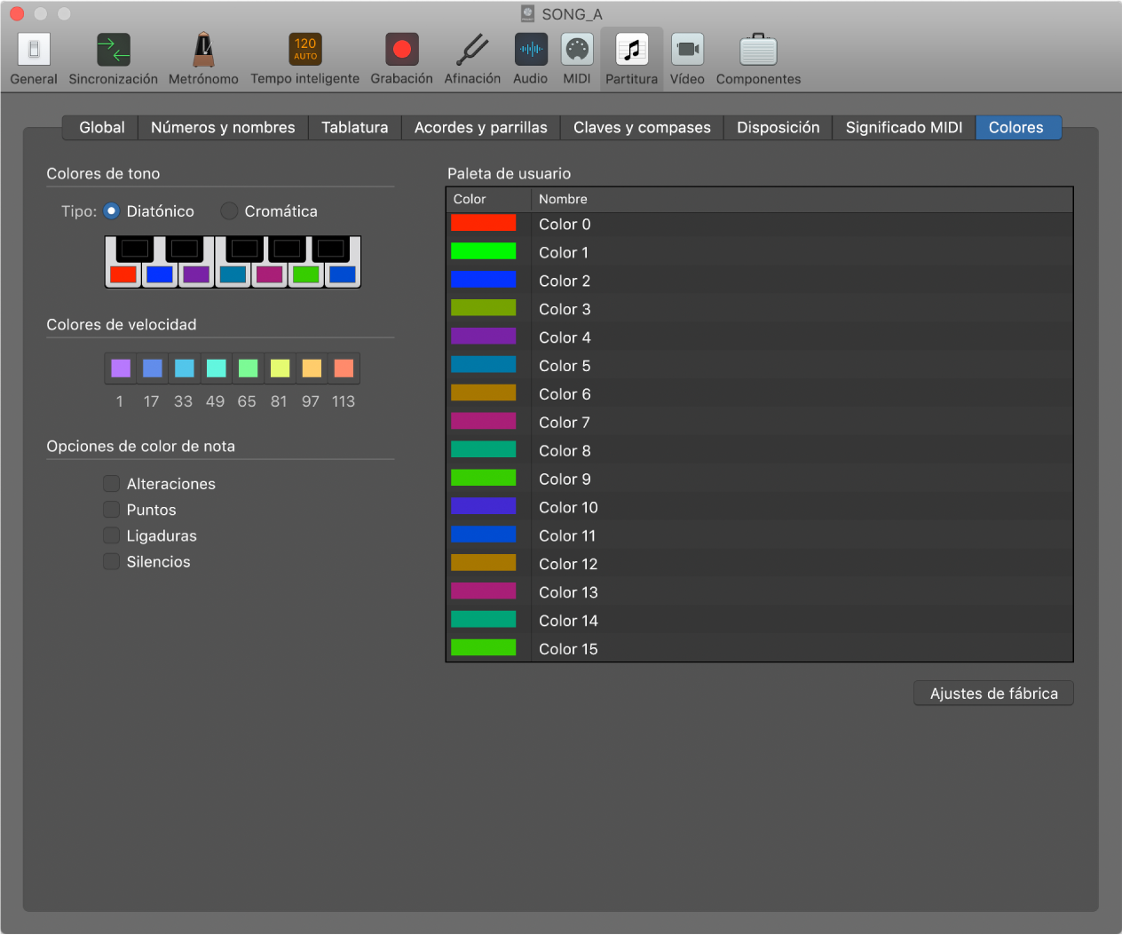Ilustración. Ajustes de Colores de la partitura.