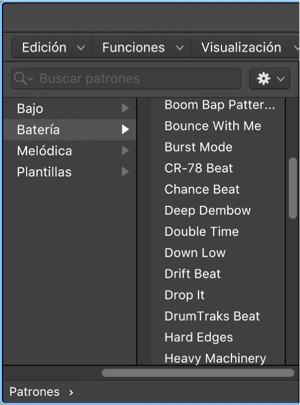 Explorador de patrones abierto, que muestra los patrones disponibles.