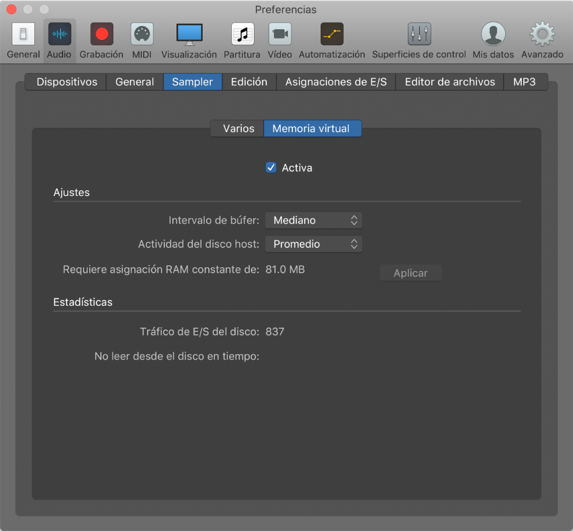 Ilustración. Preferencias “Memoria virtual” de Sampler.