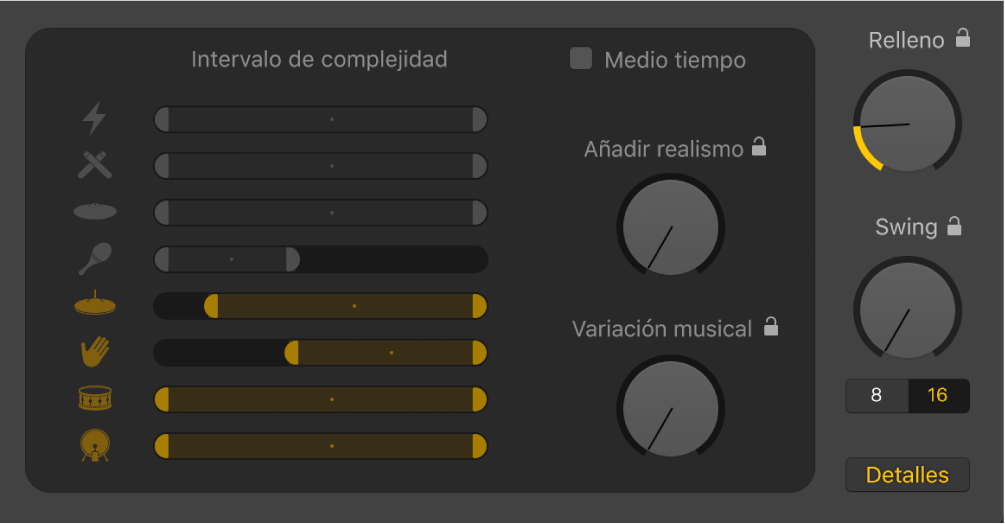Ilustración. Potenciómetro Humanizar, potenciómetro Evolución y reguladores “Intervalo de complejidad” del editor Drummer.