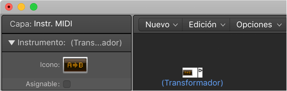 Ilustración. Ventana Entorno con un objeto transformador y su inspector.