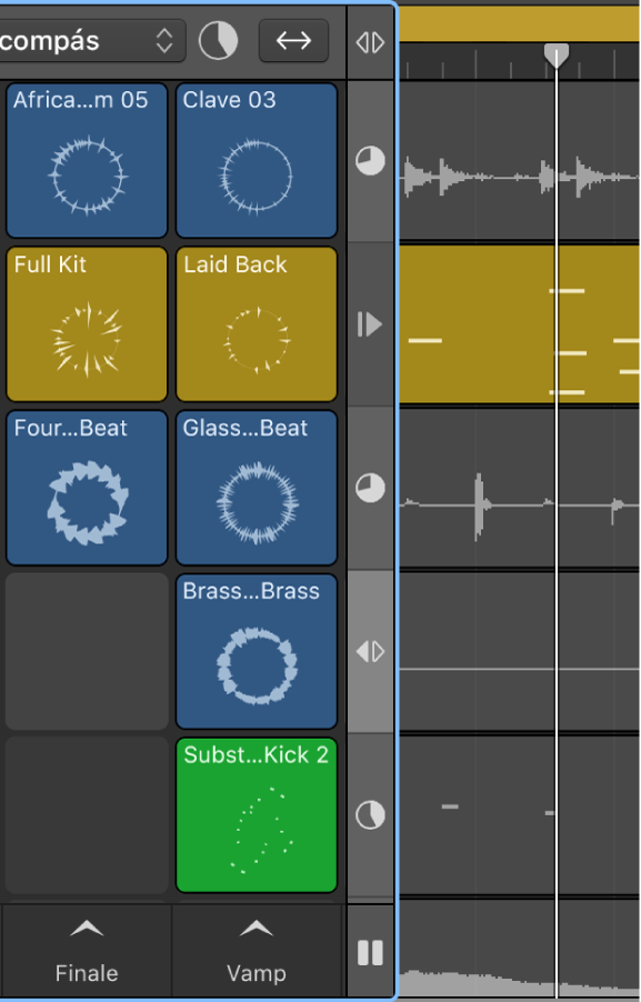 Ilustración. Columna separadora con indicadores “Loop Position”, un botón Restart, un botón “Activate Track” y el botón Pausa.