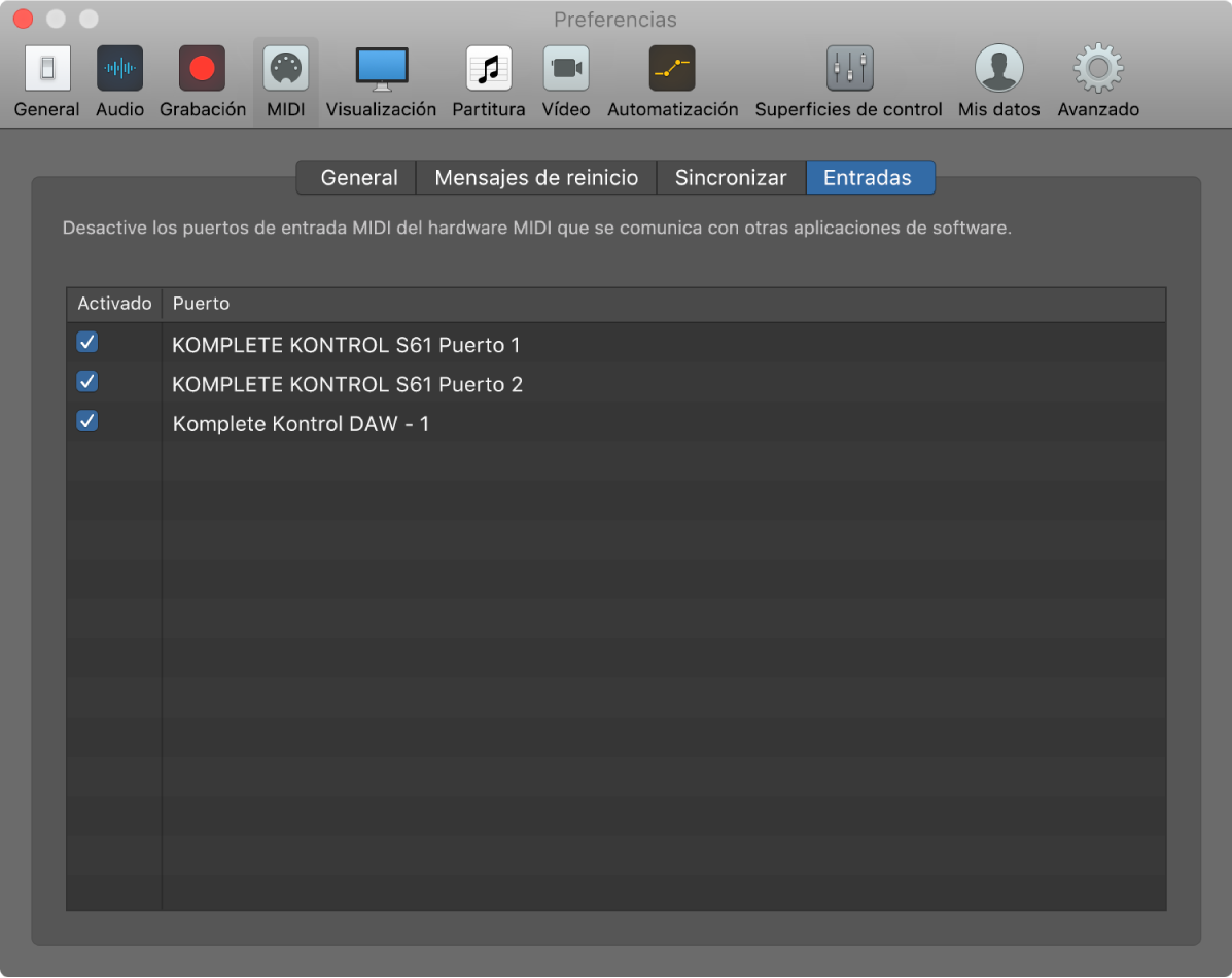 Ilustración. Preferencias de entrada MIDI.
