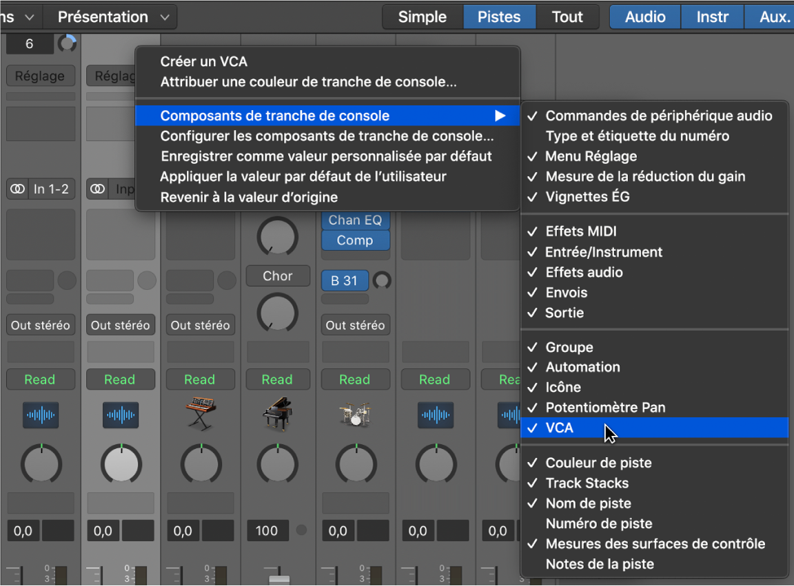 Figure. Menu local Composants de tranche de console.