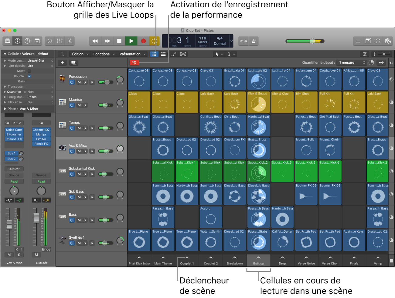 Figure. Grille des Live Loops avec des cellules en cours de lecture.