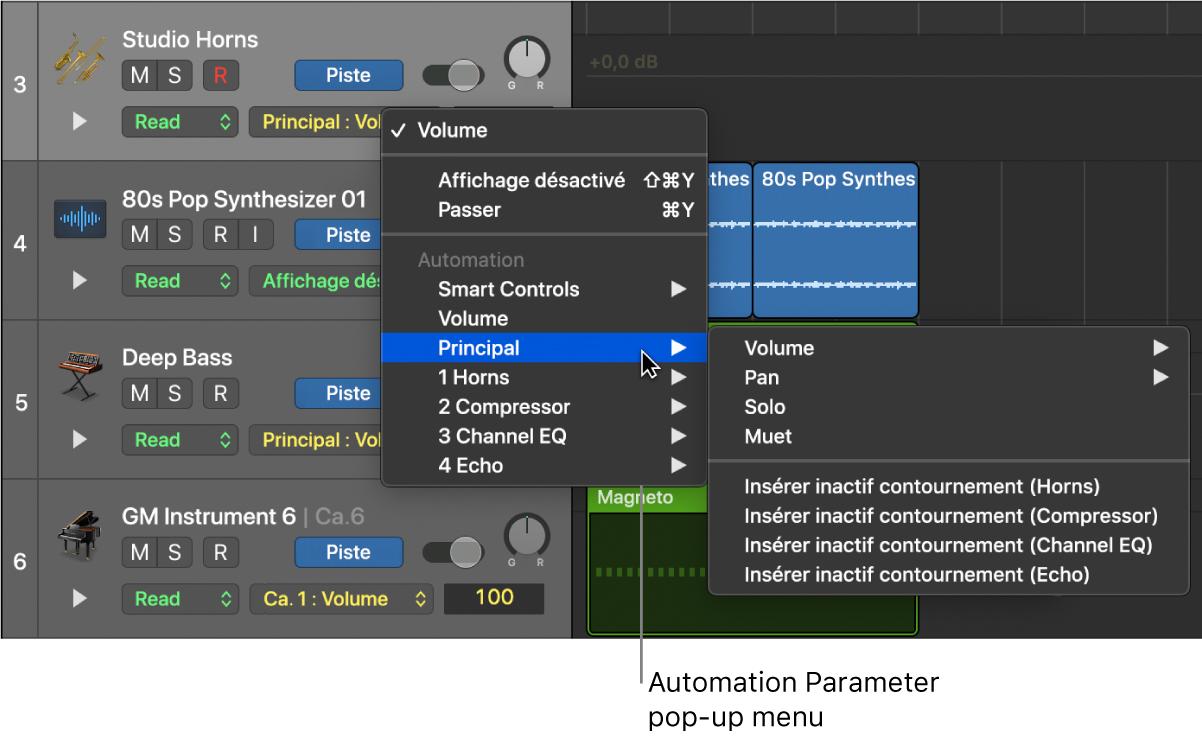 Figure. Menu local « Paramètres de l’automation » ouvert.