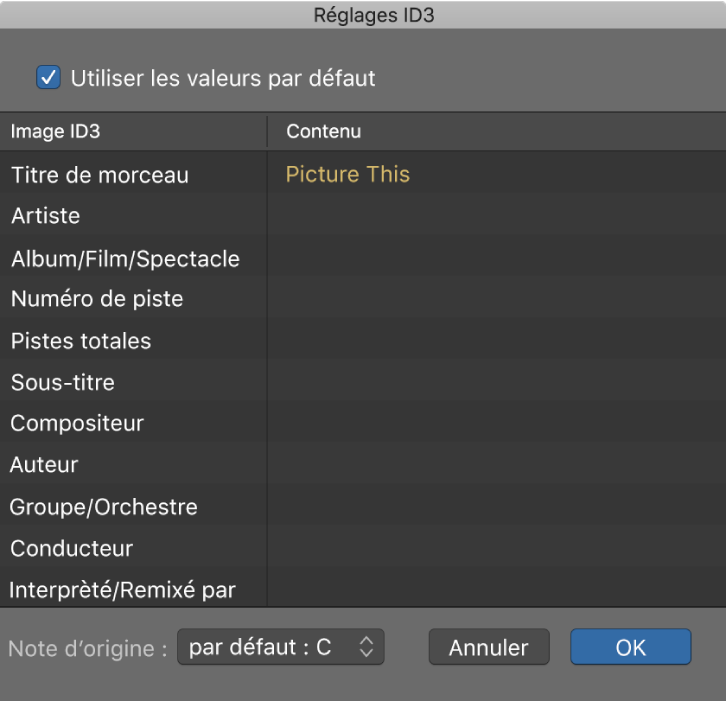 Figure. Zone de dialogue Réglages ID3.