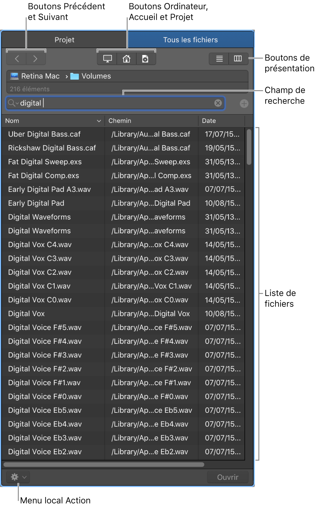 Figure. Zone multimédia affichant le navigateur de fichiers.