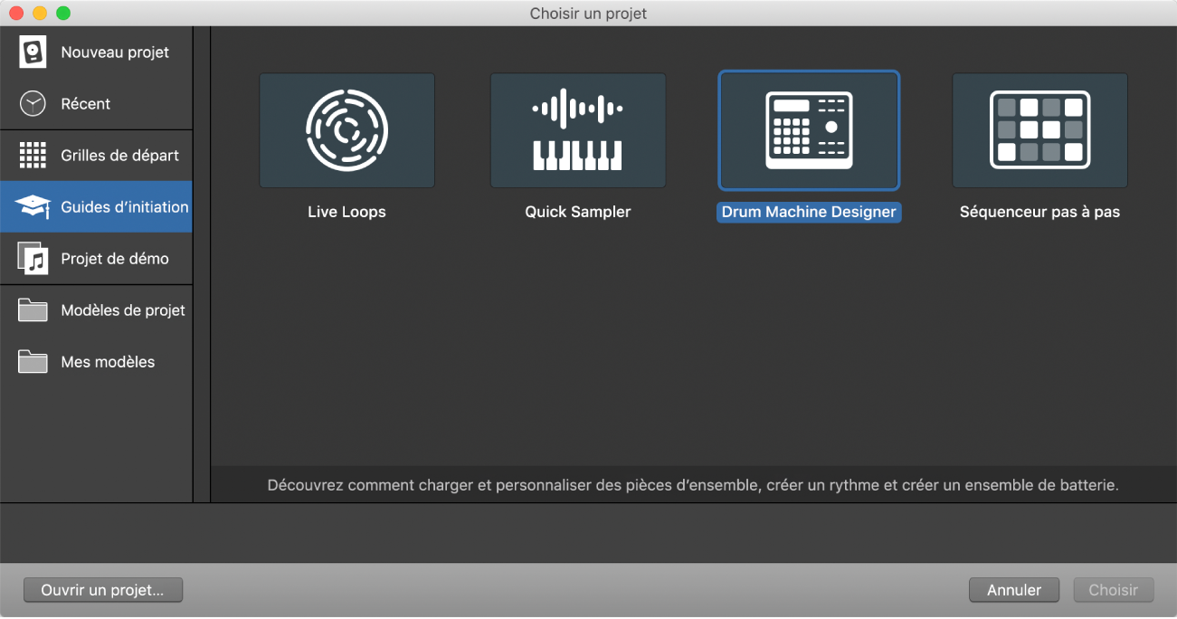 Figure. Sélecteur de projet avec un projets d’initiation sélectionné.