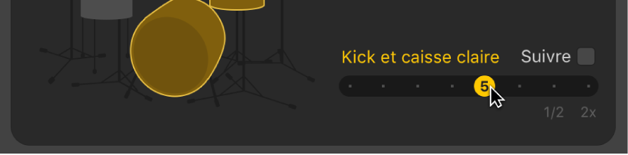 Figure. Glissement du curseur « Kick et caisse claire » dans l’éditeur de drummer.