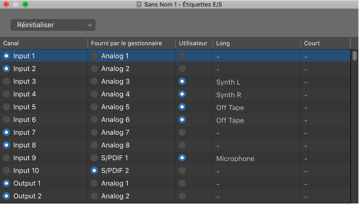 Figure. Fenêtre Étiquettes d’E/S.