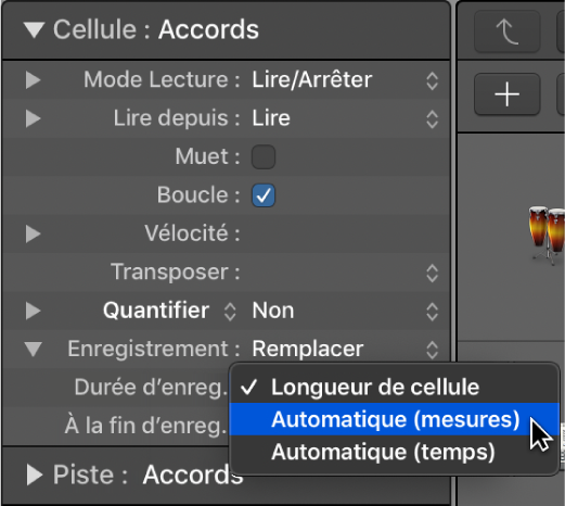 Figure. Menu local des réglages « Durée d’enreg. » dans l’inspecteur de cellule.