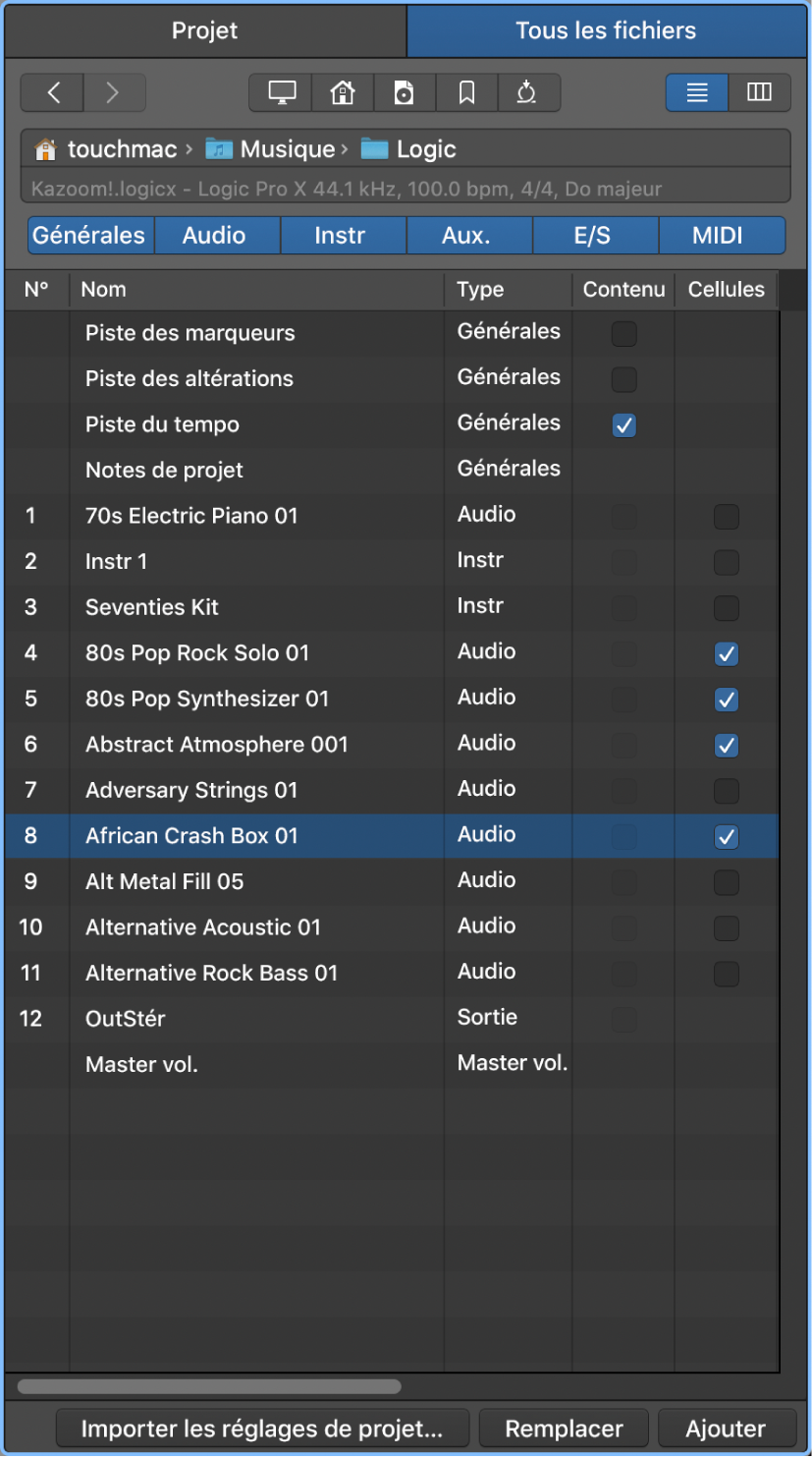 Figure. Présentation « Importation de la piste » dans le navigateur Tous les fichiers.