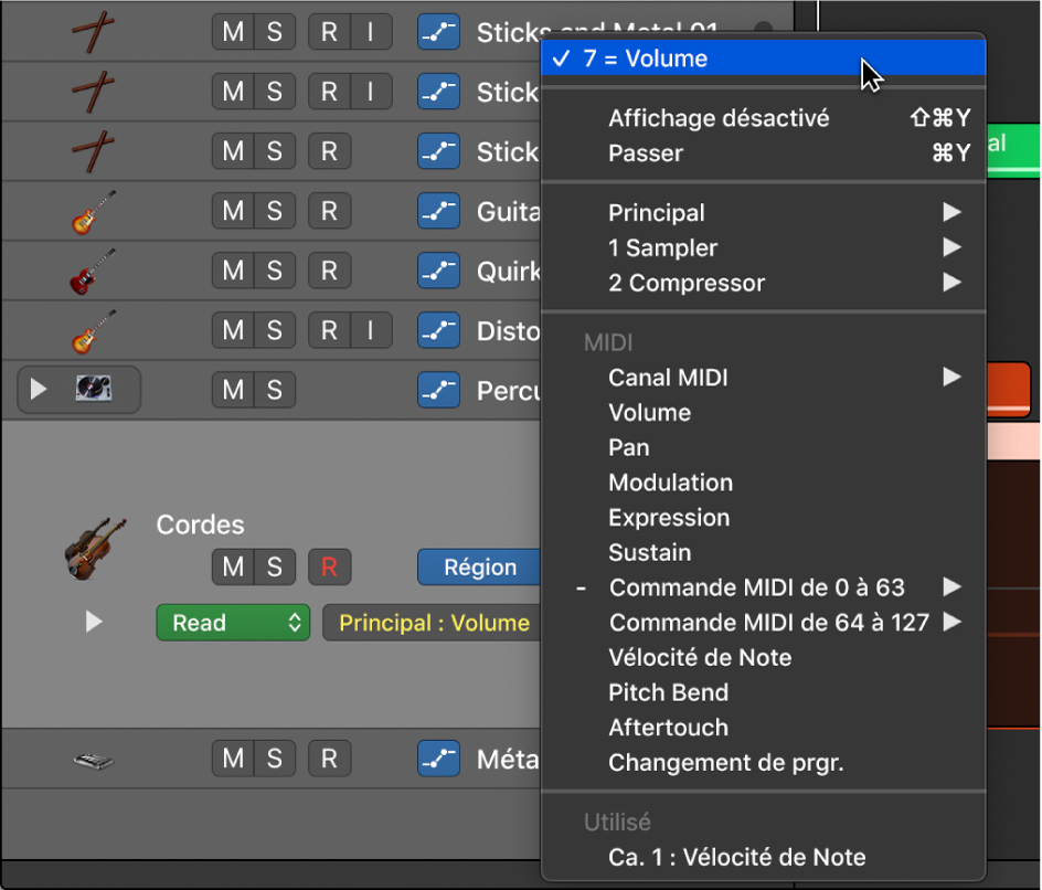 Figure. En sélectionnant un paramètre de commande MIDI pour l’automation de région.