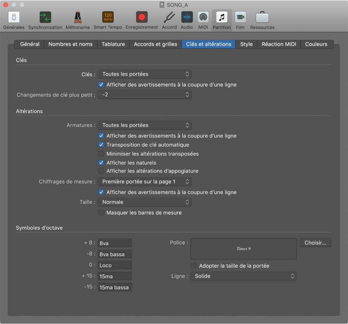 Figure. Réglages Clés et altérations.