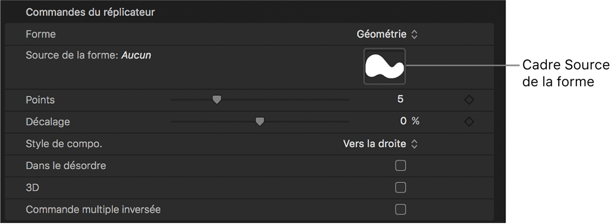 Inspecteur du réplicateur affichant le cadre « Source de la forme »