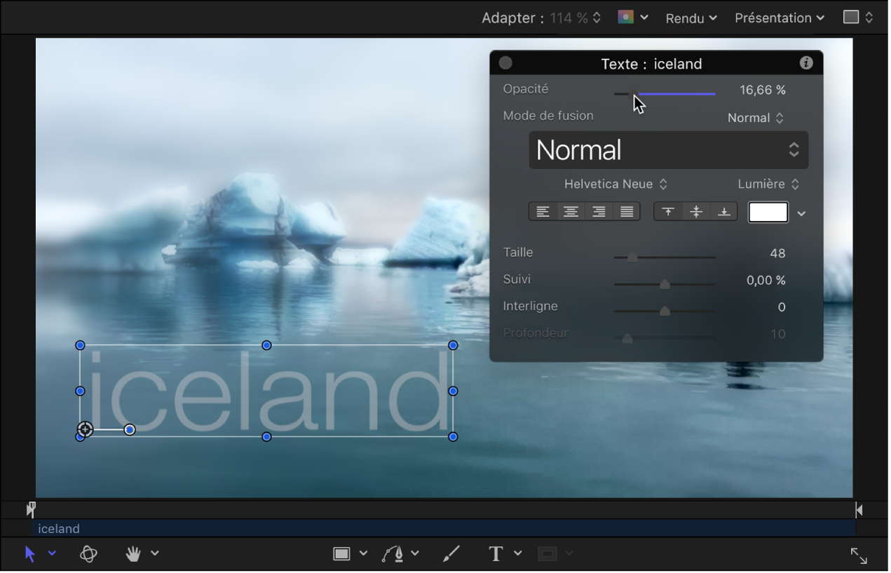 Canevas et palette affichant une opacité d’objet texte de 56 %