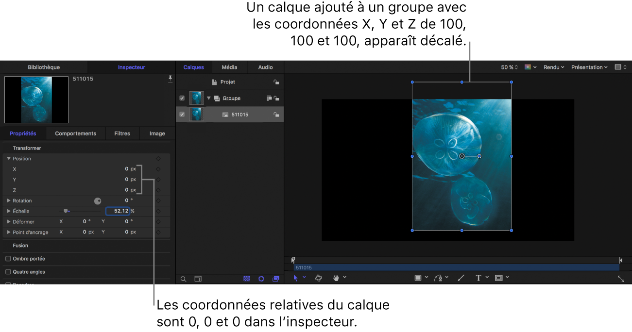 Canevas et inspecteur des propriétés affichant un calque placé dans un groupe aux coordonnées X = 100, Y = 100 et Z = 100 ; toutefois, les coordonnées du calque sont 0, 0, 0.