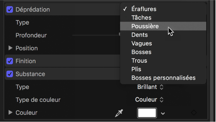 Inspecteur de texte 3D affichant le menu local Déprédation