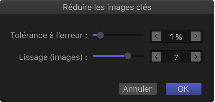 Zone de dialogue « Réduire les images clés »
