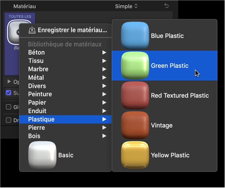 Section Texte 3D de l’inspecteur de texte affichant le menu local des préréglages de matériau et le sous-menu Plastique, avec l’option Plastique vert sélectionnée