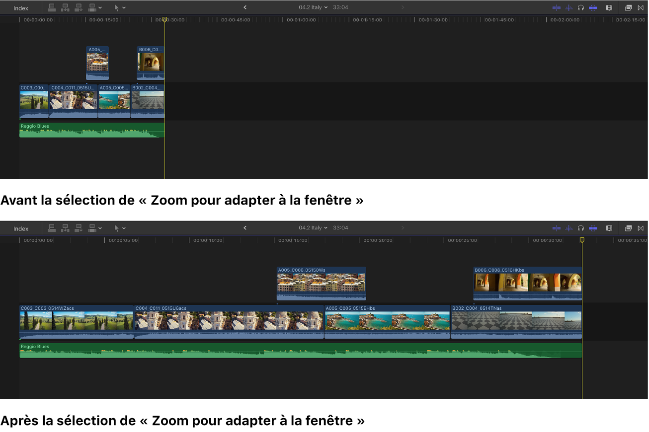 Timeline affichée après la sélection de l’option « Zoom pour adapter à la fenêtre »