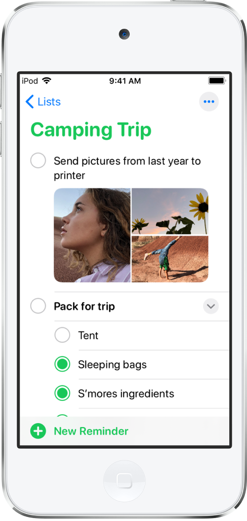 شاشة تذكيرات تعرض قائمة تذكيرات. يوجد زر إضافة في أسفل اليمين.