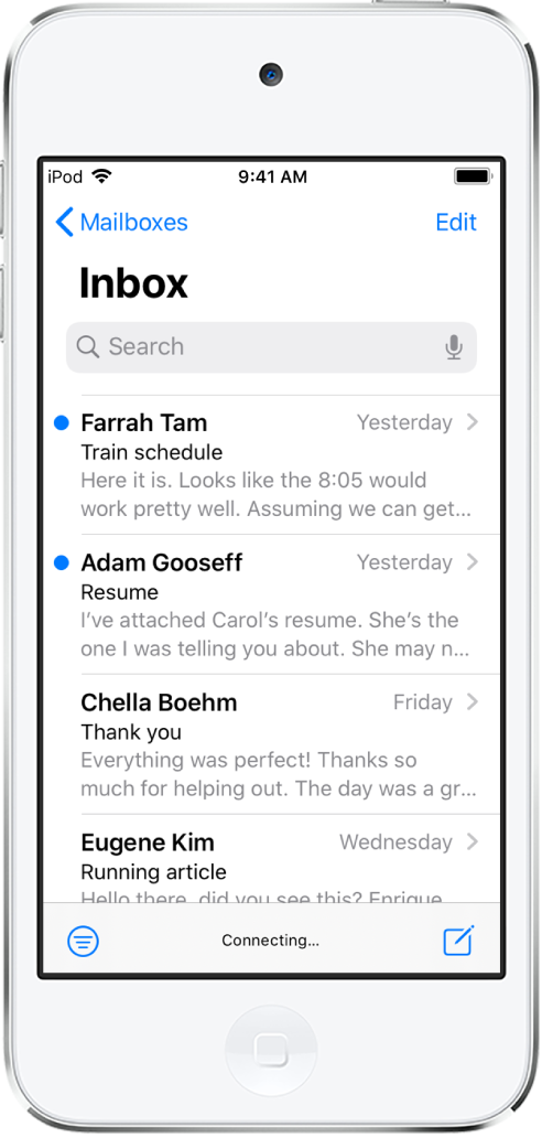 「受信」のメールのプレビュー。差出人の名前、送信時刻、件名の行、およびメールの最初の2行が表示されています。