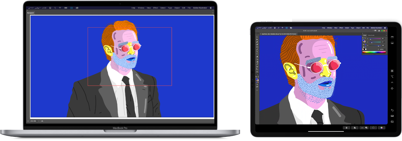 جهاز MacBook Pro و iPad جنبًا إلى جنب. يعرض الـ MacBook Pro عملاً فنيًا داخل نافذة المستكشف في Illustrator. يعرض الـ iPad نفس العمل الفني في نافذة مستند في Illustrator، محاطًا بأشرطة أدوات.
