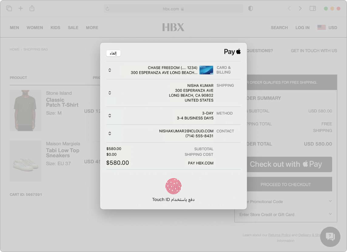 شاشة Mac تعرض عملية شراء عبر الإنترنت قيد التقدم باستخدام خيار Apple Pay في Safari.