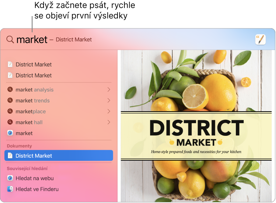 Okno Spotlightu s výsledky hledání v levé části