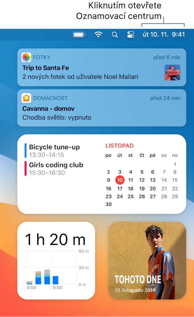 Část obrazovky s plochou, na níž se zobrazuje otevřené Oznamovací centrum