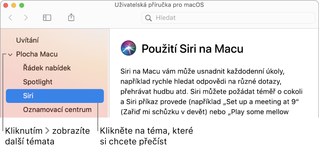 Prohlížeč nápovědy s informacemi o tom, jak zobrazit témata uvedená na bočním panelu a jak otevřít obsah tématu
