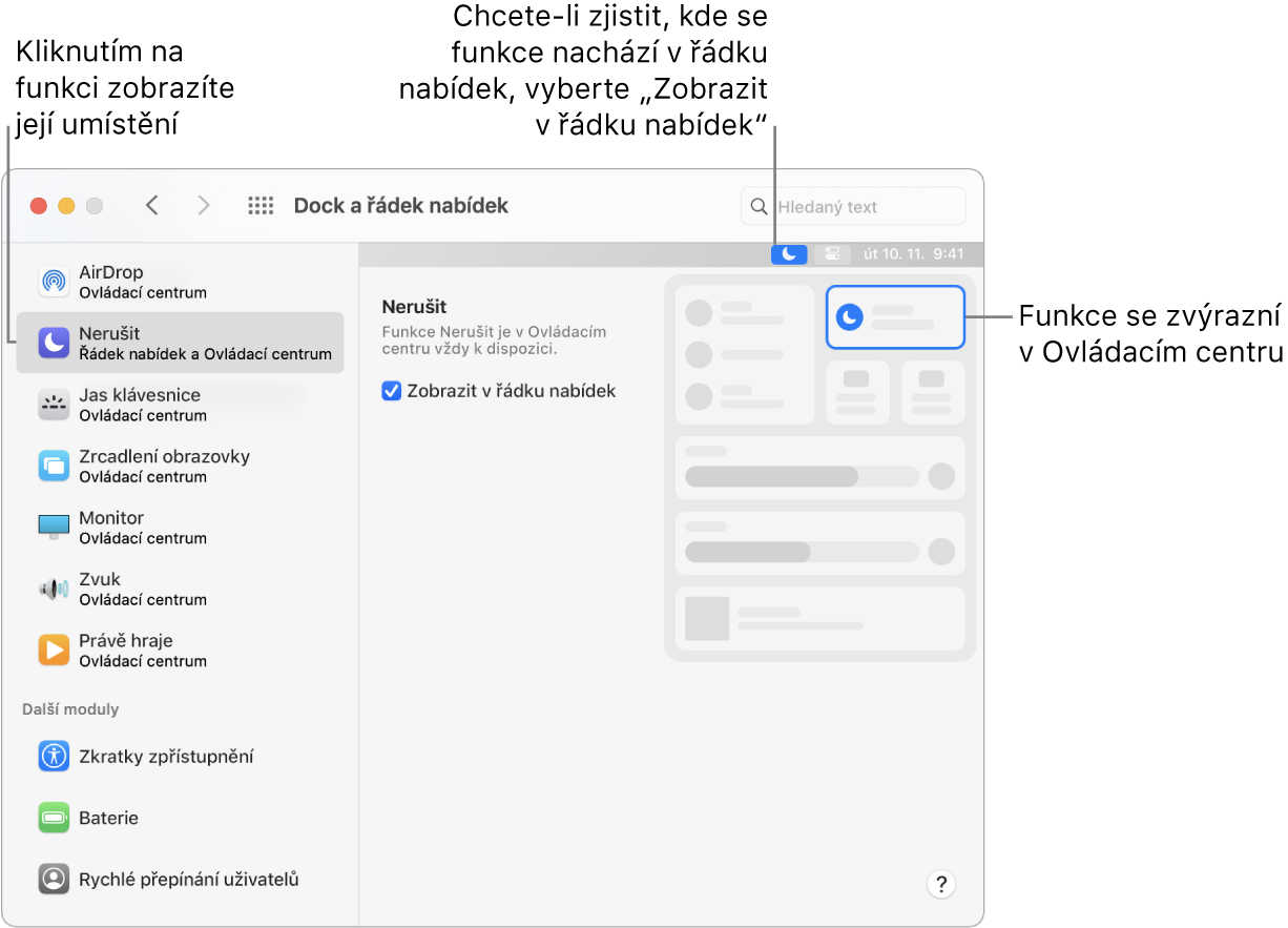 Okno předvoleb Dock a řádek nabídek