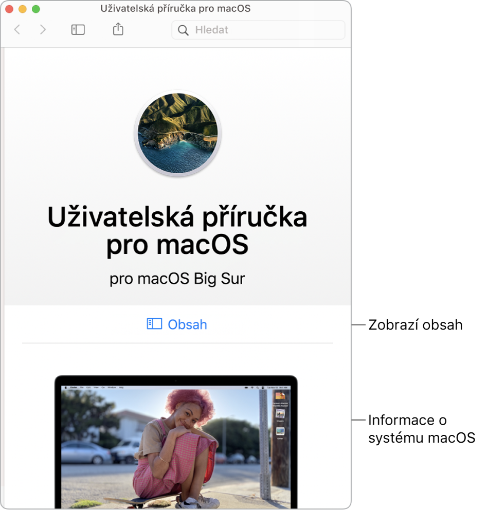 Úvodní stránka Uživatelské příručky pro macOS s odkazem na obsah
