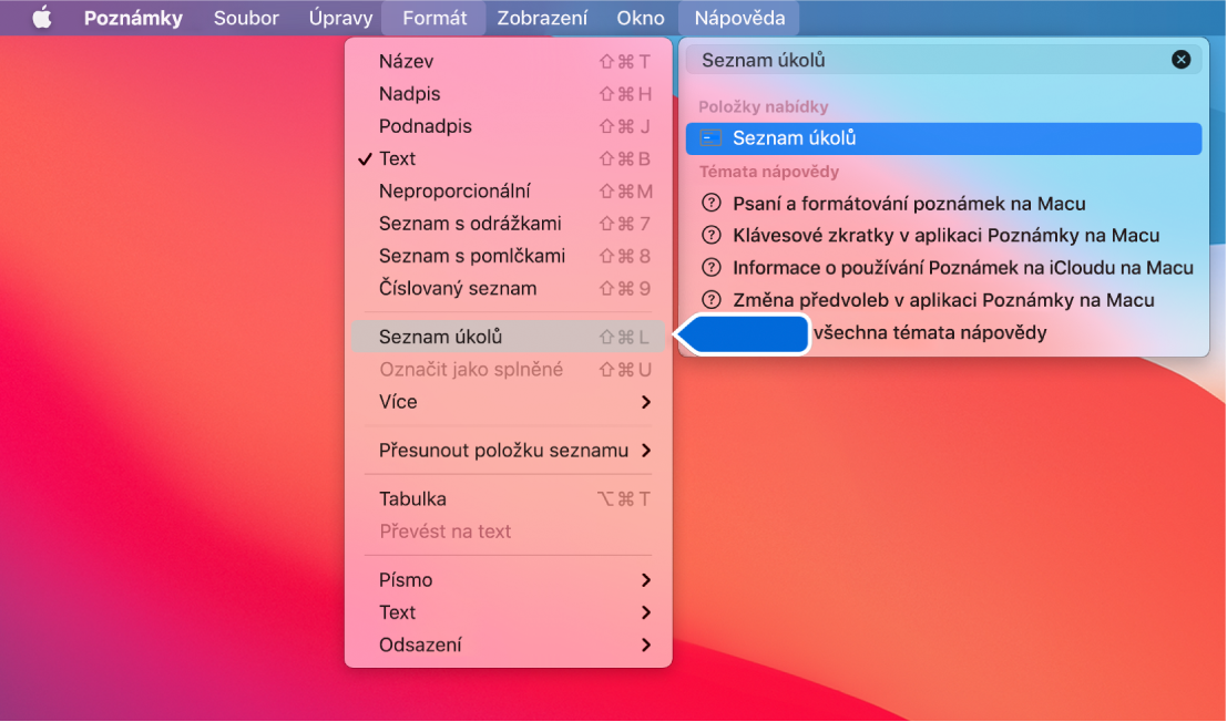 Nabídka nápovědy s hledáním textu „seznam“ a se zvýrazněným příkazem „Seznam s odrážkami“ v seznamu výsledků a v nabídce Formát