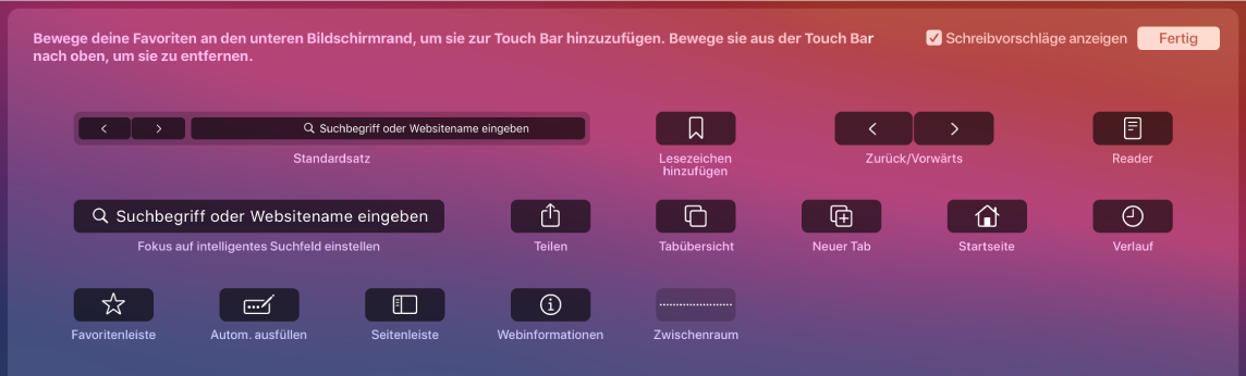 Die Optionen zum Anpassen von Safari, die in die Touch Bar bewegt werden können.