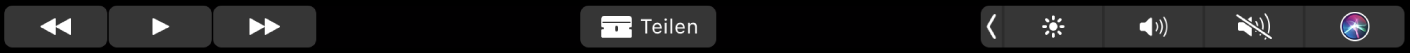 Die iMovie-Touch Bar, wenn ein Clip wiedergegeben wird. Sie umfasst Tasten zum Zurückspulen, Wiedergeben, schnellen Vorspulen, Teilen sowie zum Anpassen der Lautstärke.