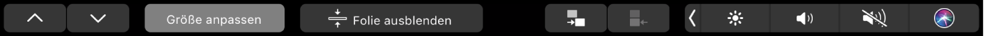 Die Keynote-Touch Bar mit den Pfeiltasten sowie den Tasten „Größe anpassen“, „Folie ausblenden“, „Folie einrücken“ und „Folie ausrücken“.