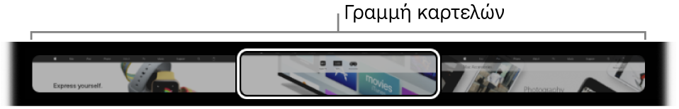 Η γραμμή καρτελών στο Touch Bar για το Safari. Εμφανίζει μια μικρή προεπισκόπηση κάθε ανοιχτής καρτέλας.