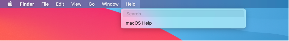 A partial desktop with the Help menu open, showing the menu options Search and macOS Help.