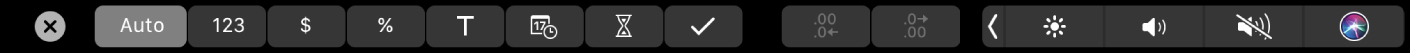 The Numbers Touch Bar with Format buttons displayed. These include currency, percentage, numbers, text, date, duration, and checklist.