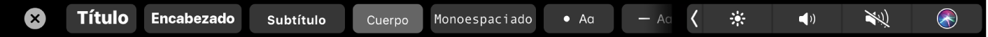 Touch Bar de Notas con botones para elegir estilos de párrafo incluyendo Título, Encabezado y Cuerpo, y también botones para agregar opciones de lista incluyendo viñetas, guiones y números.