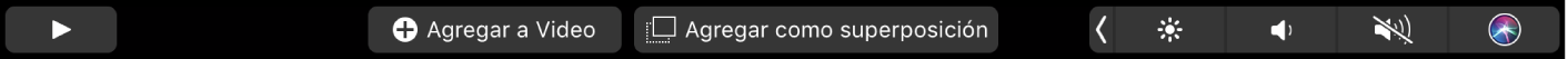 Touch Bar de iMovie con los botones para marcar elementos como favoritos, eliminar, reproducir, agregar a película, y agregar como superposición.